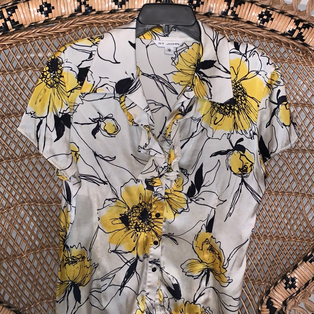 St. John Yellow and Black Floral Silk Blouse